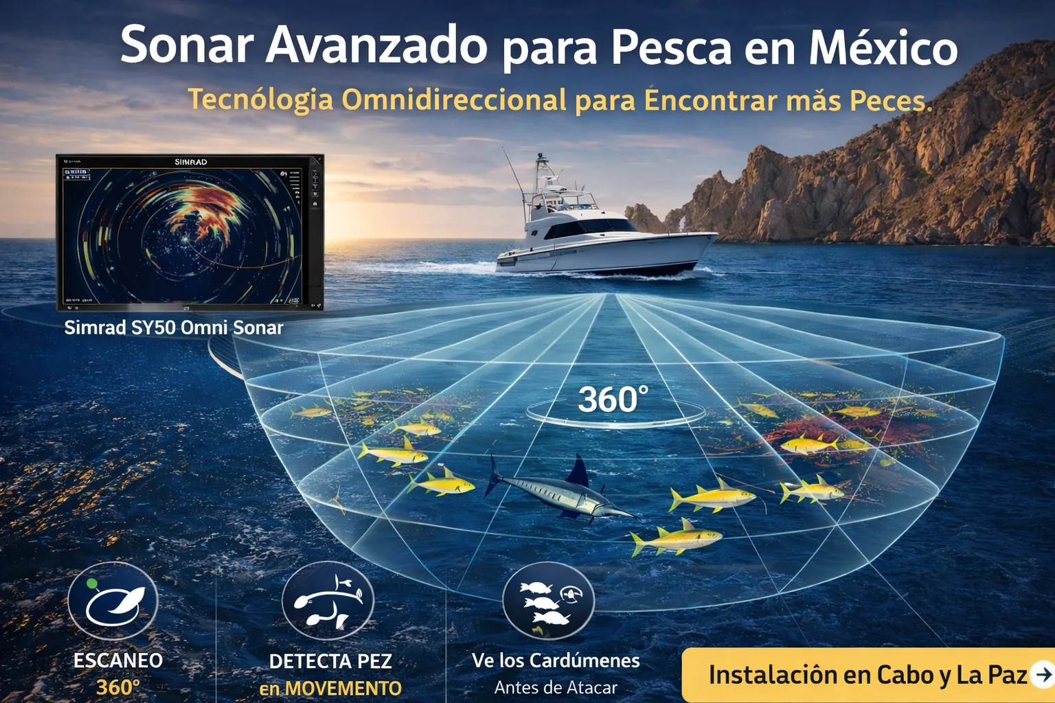 Omni sonar display showing fish schools around the vessel