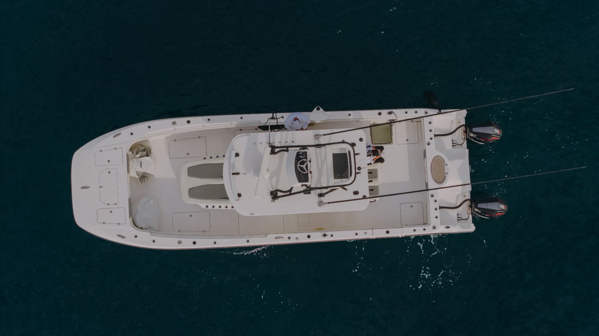Aerial view of the 34ft Invincible sportfishing catamaran fishing off Los Cabos